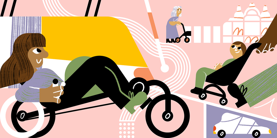 Illustratie van een vrouw met een ligfiets, een toegankelijke tram, een oudere dame met een rollator, een kinderwagen en een taxi voor personen met een beperking.